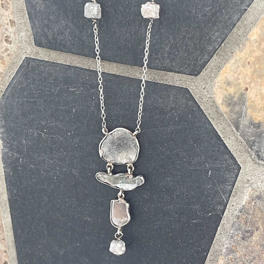 Slices of Diamonds & Raw diamond beads Sterling Silver 925 Necklace 18” long